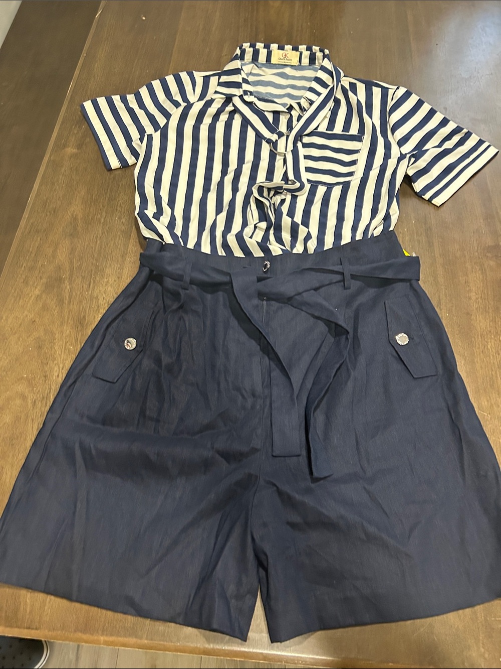 Calvin Klein Navy and White Striped Short Sleeve Top with Navy High-Waist Shorts